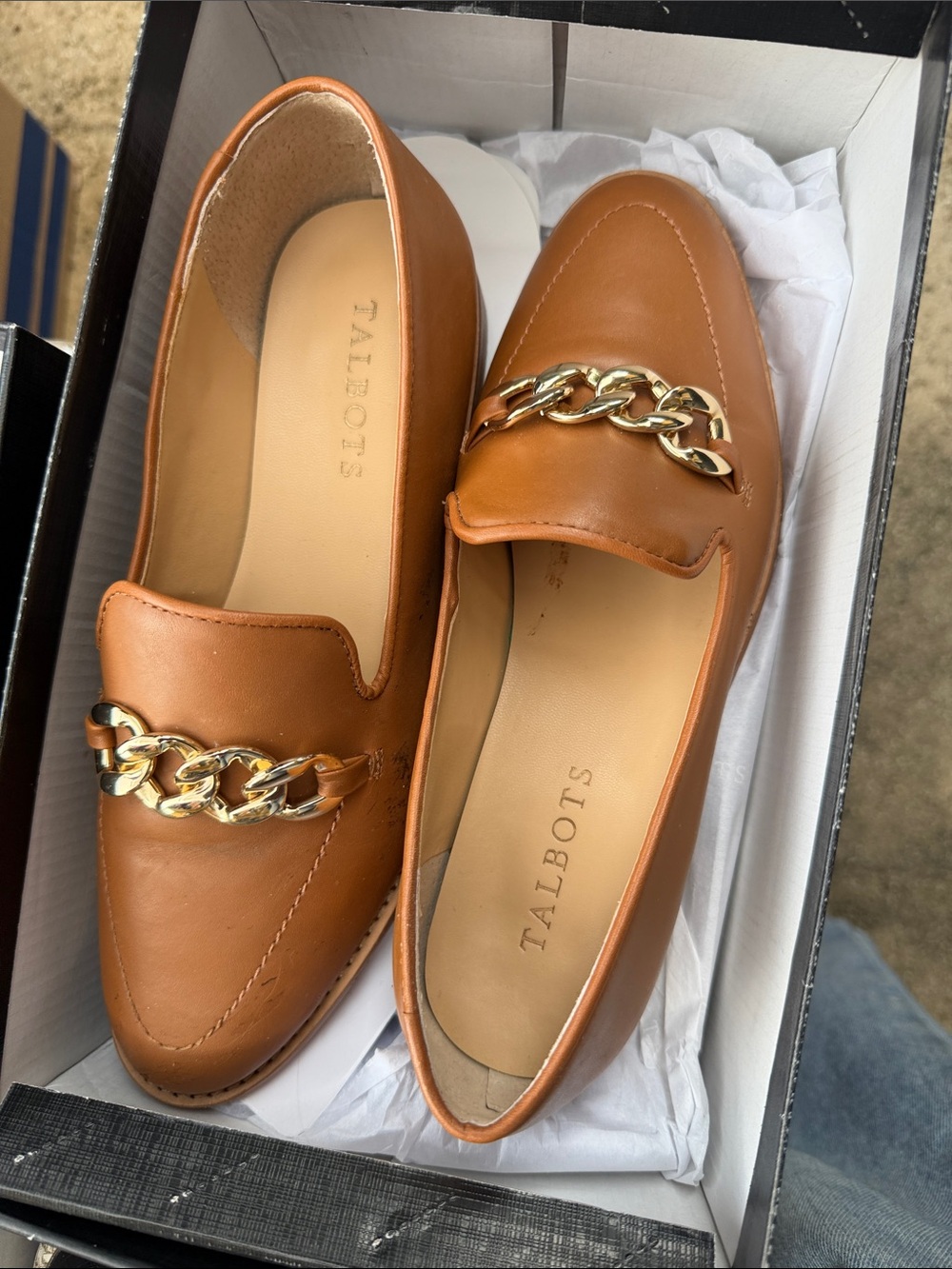 Talbots Cognac Leather Loafers with Gold Chain